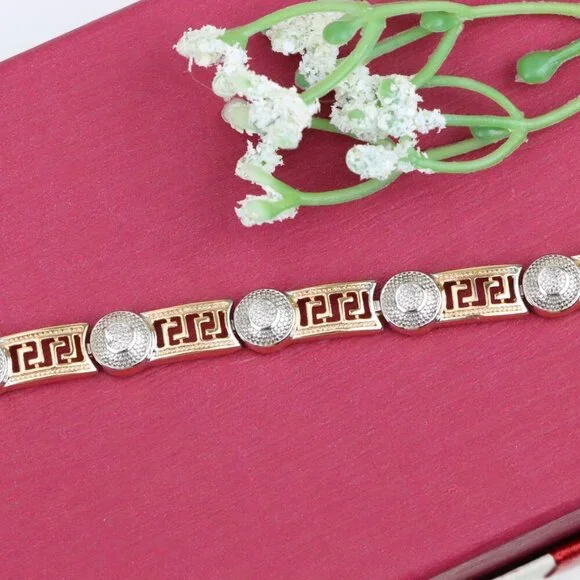 "Greek Key Rose Gold Bracelet with Silver Disc Accents, XPBL0792 - Picture 12 of 12